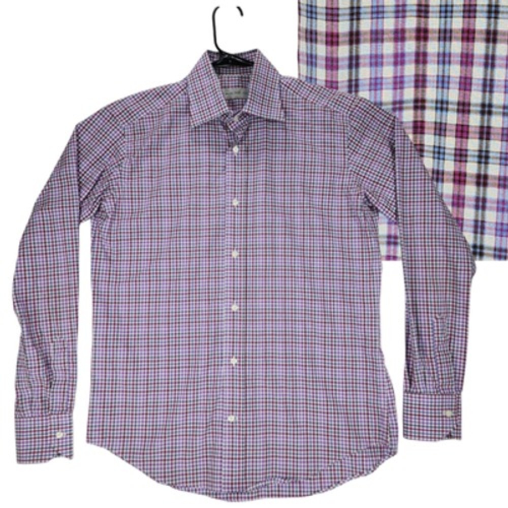 Etro sz 38 Men‎ Button Up Dress Shirt Made in Italy Plaid Purple Pink Blue 42x28